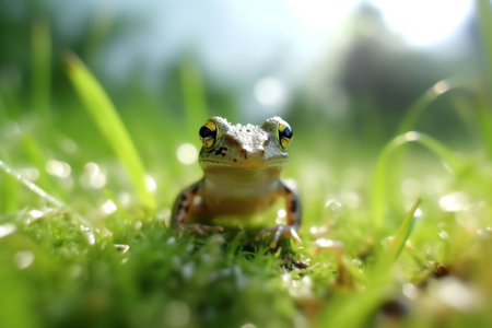 Generative AI : Cute funny little frog sitting and looking on a green leaf in the spring or in the summer on the nature close up macro Beautiful soft background blur bokehの素材