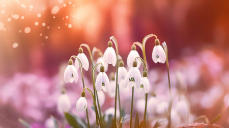 Generative AI : Flowering forest on sunset sunrise dawn with soft focus spring floral botanic nature background Spring pattern template with wild forest flowers snowdropsの素材