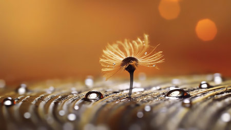 Generative AI : Drops of water dew on a fluffy feather in the light sun closeup macro on golden brown blurred background Abstract elegant airy delicious bright magical artistic imaの素材