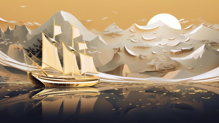 Generative AI : Skeleton transparent leaves in the form of ships at sea at sunset on gold and purple background Romantic artistic image closeup macro Template border wallpaper forの素材