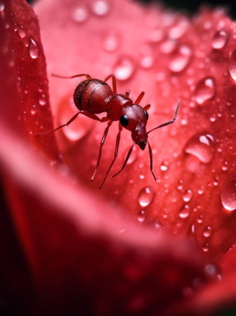 Generative AI : Hairy red ant drinks water from dew drops on the petals of a flower closeup macro with reflection Soft blurred colorful background beautiful vivid artistic imageの素材