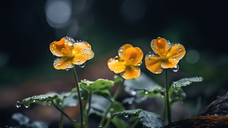 Generative AI : Spring forest primroses under the rain drops on a blue background closeup macro Beautiful spring floral background desktop wallpaper a postcard Romantic soft gentleの素材