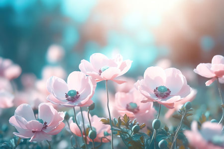 Generative AI : Spring blooming forest flowers in soft focus on light blue background outdoor closeup macro Spring template floral background wallpaper Elegant gentle air delicateの素材