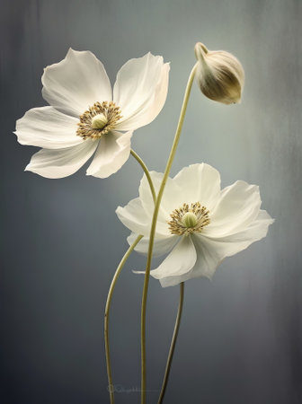 Generative AI : Two Beautiful white forest flowers anemones in spring in nature in sunlight on a golden and green background macro Amazing magnificent Elegant exquisite tender artiの素材