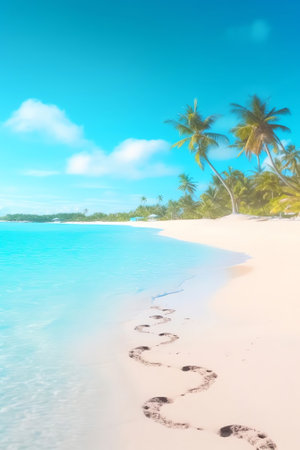 Generative AI : Sand beach turquoise ocean blue sky clouds palm tree over water sunglasses flipflops and starfish Perfect tropical landscape ultra wide format concept of summer vacの素材