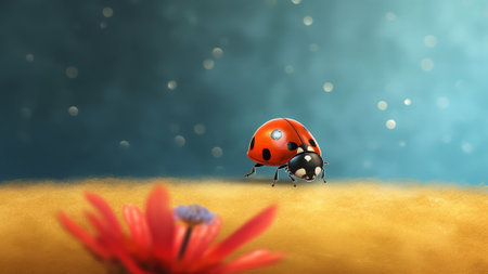 Generative AI : Ladybug on white flower on light blue background in rays of light with a soft focus on nature outdoors macro Spring summer romantic tender wallpaper card template fの素材