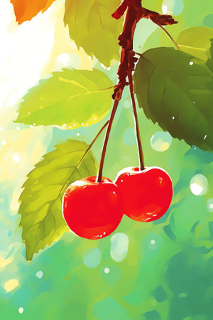 Generative AI : Two cherries on a branch with leaves in the sun on a beautiful soft green background Background for postcards or designの素材