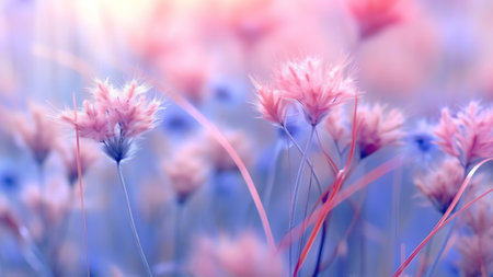 Generative AI : Shot with soft selective focus Amazingly beautiful wild flowers bluebells closeup macro in nature outdoors Authors toning in turquoise and pink color Gentle airy liの素材