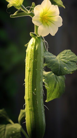 Generative AI : Young plant cucumber with yellow flowers Juicy fresh cucumber closeup macro on a background of leavesの素材