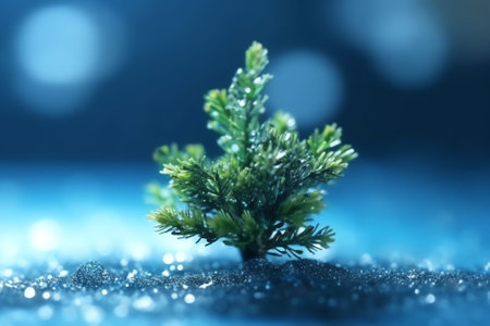 Generative AI : Winter christmas scenic background Silvery small Christmas tree on blue blurred snowy defocused background with copy spaceの素材