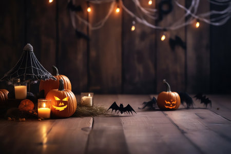 Generative AI : Holiday background decoration for Halloween Glowing pumpkins and candles against background of an evening Mystical forest with a full moon and fog Ultra wide formatの素材