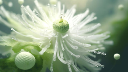 Generative AI : Tropical white flower with yellow stamens ladybug and transparent drop of water on a green background macro Colorful elegant graceful expressive image of nature walの素材