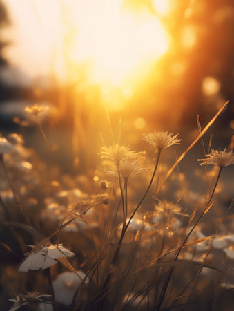 Generative AI : Vintage macro photo of nature background with wild flower wild flower with patches of sunlight on sunset Beautiful gentle air artistic image on a gold and brown bacの素材