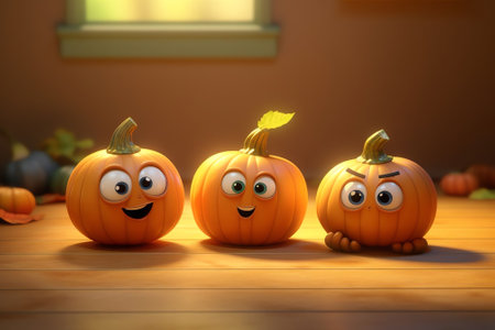 Generative AI : Autumn composition of three pumpkins for Halloween with funny faces and smiles in nature in forest on carpet of yellow and orange dry leavesの素材