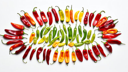 Generative AI : Colored set green red yellow of tomato pepper chili basil leaves Isolated on white background Healthy food concept Creative layout vegetables abstract backgroundの素材