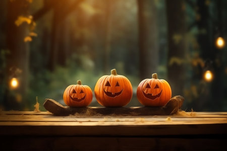 Generative AI : Autumn composition of three pumpkins for Halloween with funny faces and smiles in nature in forest on carpet of yellow and orange dry leavesの素材