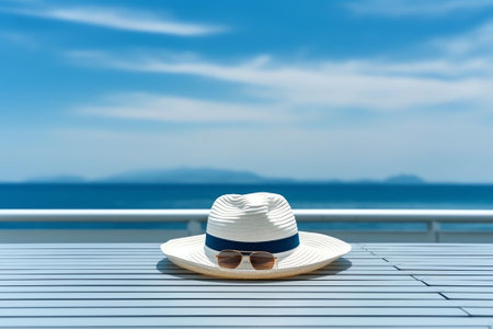 Generative AI : Beach hat sunglasses a cup of coffee and smarfon on blue wooden table in a cafe by sea Yacht and blue sky in background template for text Concept of vacation by seaの素材