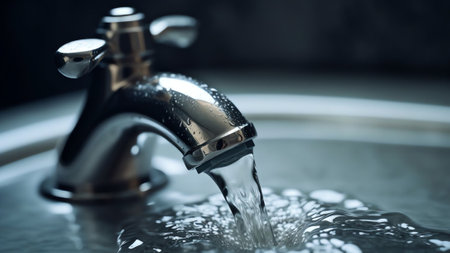 Generative AI : A stream of clean water flows into the stainless steel sink in blue tones Sink plug hole close up macroの素材