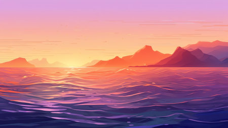 Generative AI : Amazing beautiful panoramic natural seascape with sunset with sunset in pink and gold tones Evening sun hides behind mountains against the backdrop of Mediterraneanの素材