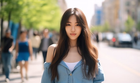 Generative AI : Beautiful cute girl with long dark hair smiling and looking at camera on city street Fashionable stylish imageの素材