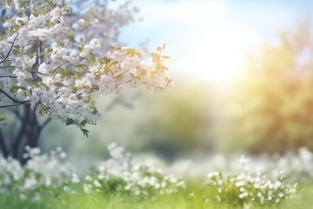 Generative AI : Beautiful blurred spring background nature with blooming glade trees and blue sky on a sunny dayの素材