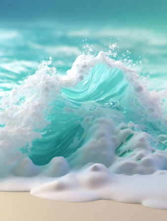 Generative AI : Beautiful image of natural beauty of the sea element transparent waves of a turquoise hue with caps of white foam roll onto a sandy beachの素材