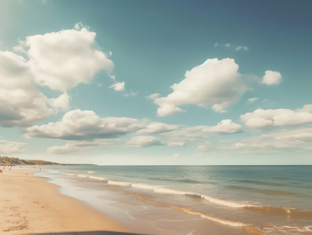 Generative AI : Beautiful calm seascape with horizon line and clouds in blue sky light surf and strip of golden sandy beach and people with view from backの素材