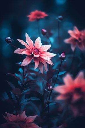 Generative AI : Beautiful flowers macro abstract art background with a soft focus Red burgundy Flowers dahlias in natureの素材