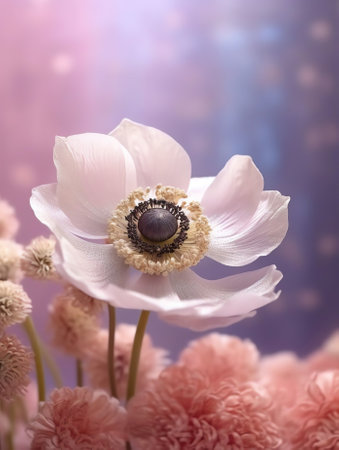 Generative AI : Big beautiful white spring anemone flower closeup of a macro on a purple background with fluttering petals in the wind with a soft focus Elegant gentle airy dreamyの素材