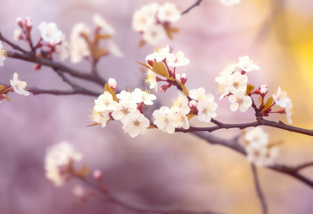 Generative AI : Beautiful branch of blooming plum in spring on a natural green background in sunshine with beautiful sunlight flakes closeup macro soft focusの素材