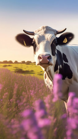 Generative AI : Beautiful summer colorful rustic pastoral landscape panorama Tall flowering grass on green meadow at sunrise or sunset with beautiful announcement against blue skyの素材