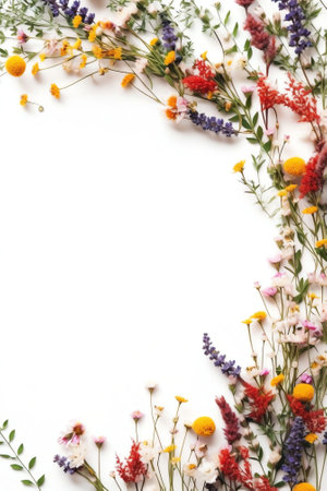 Generative AI : Floral layout creative flower arrangement Wreath frame made of pink blue yellow flowers on white wooden background top view macro Flat lay copy spaceの素材