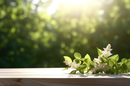 Generative AI : Beautiful spring background with green juicy young foliage birch and empty wooden table in nature outdoor Natural template with Beauty bokeh and sunlightの素材