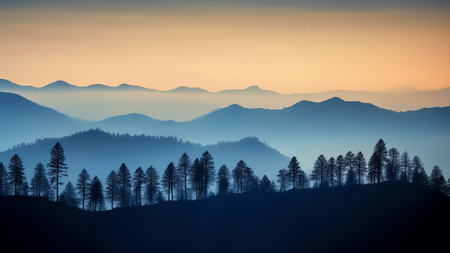Generative AI : Beautiful natural landscape with coniferous tree on top of mountain against background of forest and blue sky in morning Panoramaの素材