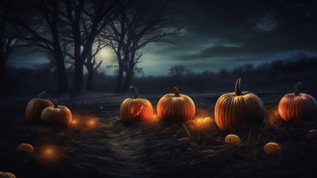 Generative AI : Festive background decoration for Halloween Two glowing pumpkins forest against evening sky with half moon in dark terrible mystical wild forest Magical atmosphereの素材