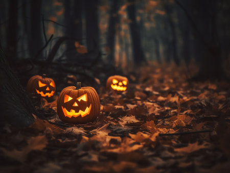Generative AI : Festive background decoration for Halloween Two glowing pumpkins forest against evening sky with half moon in dark terrible mystical wild forest Magical atmosphereの素材