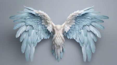Generative AI : Delicate blue background with white beautiful angel wings or birds closeup with soft focusの素材