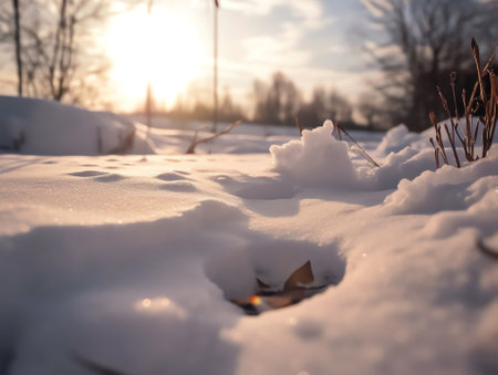Generative AI : Drifts of snow outdoors in winter in the sun and the shadow of the beautiful lattice fence The snow glistens and sparkles in the sun snow backgroundの素材