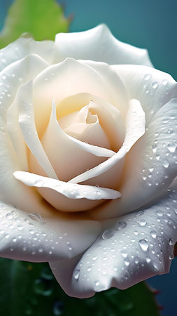 Generative AI : Beautiful white rose in dew drops closeup macro soft focus spring outdoor on a soft blurred white background Floral background desktop wallpaper a postcard Romanticの素材