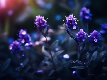 Generative AI : Fluffy purple wild meadow wild flowers in summer summer field on a nature closeup on background of a beautiful blue bokehの素材