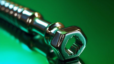 Generative AI : Chrome spanner with nut closeup macro Beautiful art composition with reflection on green background texture of metal The concept for the construction repairs mechanの素材