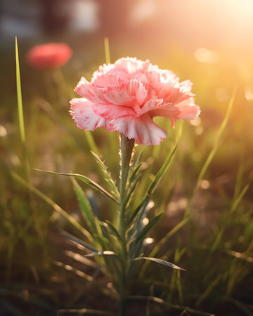 Generative AI : Beautiful pink daisy flower in the grass in summer at sunrise in the sunlight on a blurred green background with soft macro focus Delicate gentle artistic imageの素材