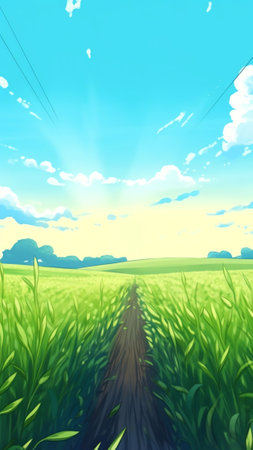 Generative AI : Green shoots of grain against the blue sky with clouds Germination cereals landscapeの素材