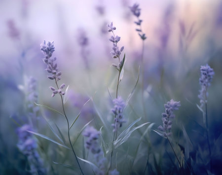 Generative AI : Fluffy purple wild meadow wild flowers in summer summer field on a nature closeup on background of a beautiful blue bokehの素材