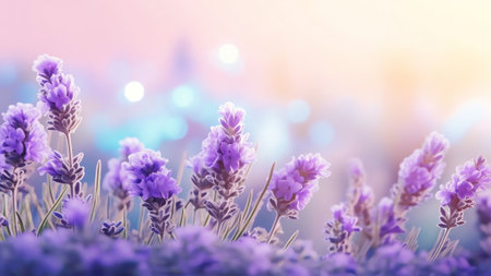 Generative AI : Border of lavender flowers on light background with soft focus closeup macro Flowering lavender tinted in turquoise and lilac tones Soft gentle artistic image of naの素材