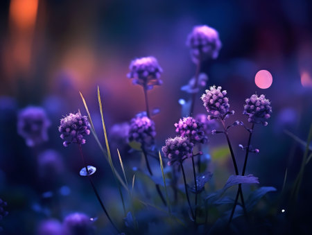 Generative AI : Fluffy purple wild meadow wild flowers in summer summer field on a nature closeup on background of a beautiful blue bokehの素材