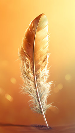 Generative AI : Drops of water dew on a fluffy feather in the light sun closeup macro on golden brown blurred background Abstract elegant airy delicious bright magical artistic imaの素材