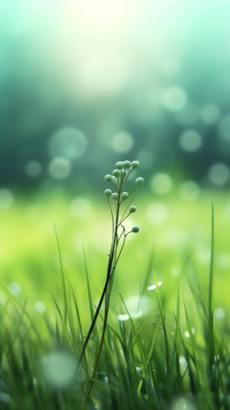 Generative AI : Natural green defocused spring summer blurred background with sunshine Juicy young grass and foliage on nature in rays of sunlight copy spaceの素材