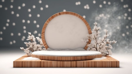 Generative AI : Festive Christmas stage scene background frame Green fir branches covered with snow decorated with cones and red berries and empty wooden flooring platform Beautifuの素材