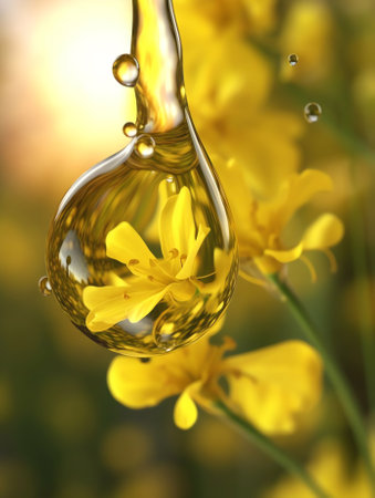 Generative AI : Reflection of the flower in the dew drop A drop of water on the petal of a yellow flower closeup macro Gentle romantic spring artistic image Soft pastel backgroundの素材